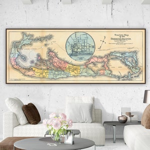 Antieke toeristenkaart van Bermuda, inzetkaart van Hamilton, identificeert wegen, bruggen, musea, kerken, stoombootroutes, cadeaukaart van Bermuda.