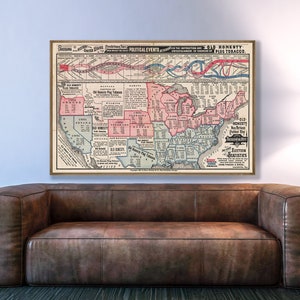 carte politique vintage des États-Unis, impression de diagramme politique, cadeau politique, histoire des États-Unis, résultats des élections américaines, présidents des États-Unis.
