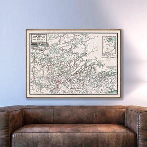 Carte de la route des canoës vintage | Forêt nationale du Supérieur et parc provincial Quetico | Guide des eaux limitrophes antiques | Décoration extérieure historique