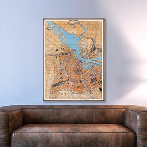 Carte vintage d'Amsterdam, impression du vieil Amsterdam, décoration murale historique de la ville d'Amsterdam.