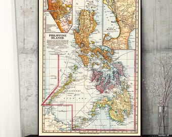 Mapa antiguo de Filipinas, lámina antigua de gran tamaño para decoración del hogar.