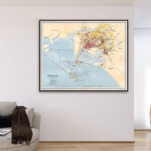 アンティークカラチ地図プリント - 1930年代のパキスタンの都市景観、ヴィンテージのイギリス領インドの壁画、歴史的建築の地図