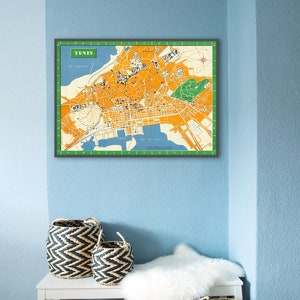 Vintage kaart van Tunis, hoofdstad van Tunesië, oude Tunis-druk, Tunesië geschenken.
