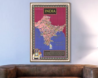 Vintage pictorial map of India, India poster map, India wall map, Indian home decor, Indian art print, large map decor.