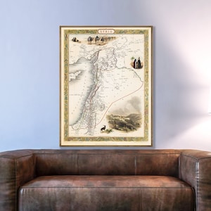 Antique Map of Syria, old Syria map with drawings of camels, Jerusalem and Arabs, Syrian art print, Syrians, Syrian gifts, Syrian home decor