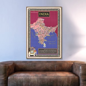 Carte illustrée vintage de l'Inde, affiche de carte de l'Inde, carte murale de l'Inde, décoration d'intérieur indienne, impression d'art indien, décoration grande carte.