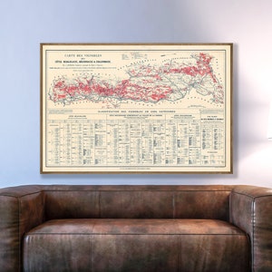 Antique Beaujolais Wine Map, classification of French wines, viticulture map, wine growing, vineyards of France, French wine wall art.