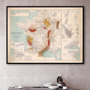 Décoration élégante pour les amateurs de vin : régions viticoles de France illustrées, impression jet d'encre