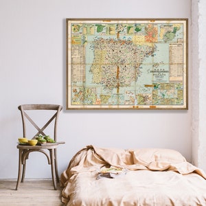 Mappa vintage della Spagna, grande stampa murale spagnola, vecchia stampa spagnola, arredamento spagnolo, regali spagnoli.
