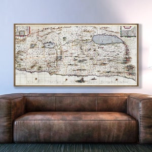Carte ancienne de la Terre sainte, d'Israël et de la Palestine, illustrations bibliques, Jonas, Jésus, le voyage d'Abraham, l'errance des Israélites.
