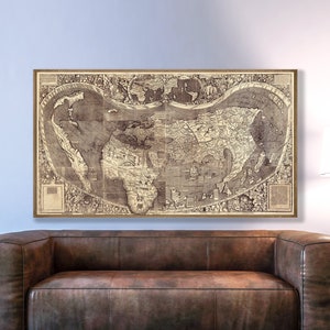 Waldseemüllers kaart van de wereld gebruikte voor het eerst de naam Amerika, wereldkaartkunst aan de muur, wereldkaartkunst, kaartkunst, cartografiecadeaus.