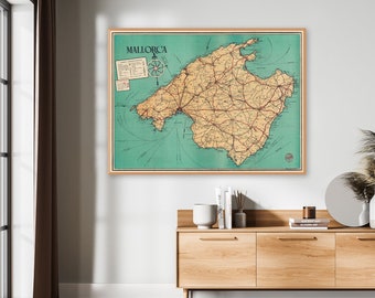 Vintage tourist map of the Balearic Island of Mallorca or Majorca,  Mapa de la Isla de Mallorca.
