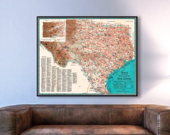 Vintage tourist map of Texas, old Texas wall art, Texas decor, Texas gifts.