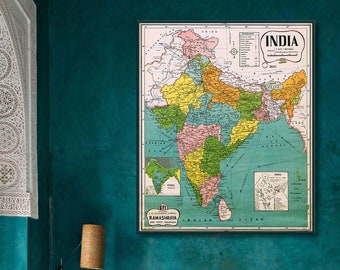 Map of India in gorgeous vintage tones, India map, Historic India, Ancient India, India wall decor, India map poster.