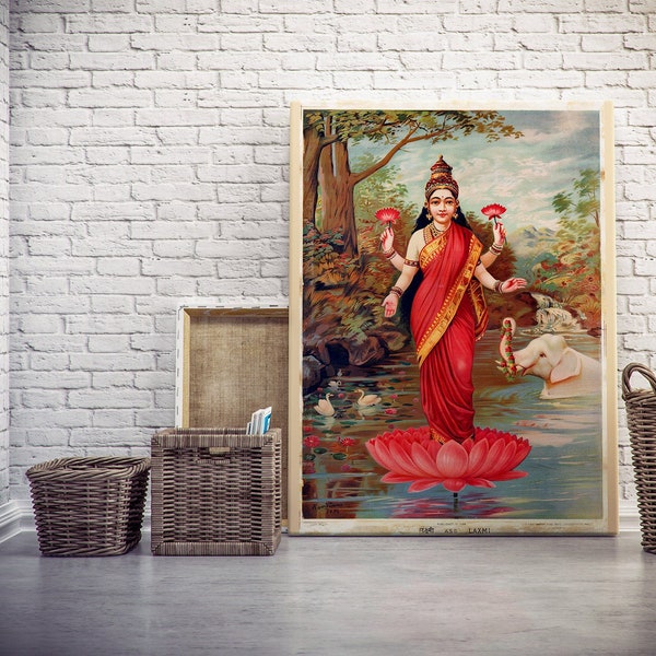 Impression d'affiche de la déesse hindoue Lakshmi, Gaja Lakshmi de Raja Ravi Varma, dieux hindous vintage, art hindou, art de dieu indien, divinités, art de la mythologie.