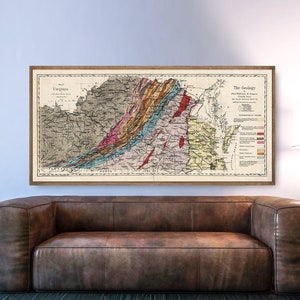 Vintage geological map of Virginia, shows geology with emphasis on coal bearing strata, Virginia wall map art.
