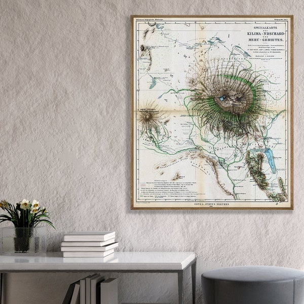 Mt. Kilimanjaro by Hans Meyer, old map of Kilimanjaro, Kilimanjaro wall map, Kilimanjaro poster map, Kilimanjaro wall art.