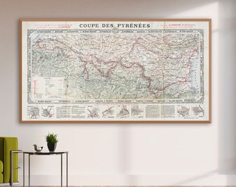 Antique French touring car race map Cupe des Pyrénées which was intended to promote the Pyrenees region, The Pyrenees Cup rally map print.
