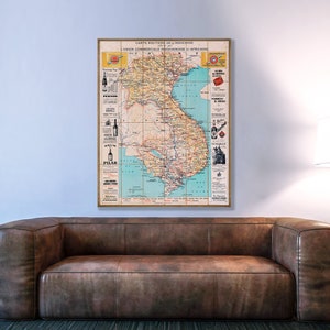 Carte vintage du Vietnam, puis de l'Indochine française, la carte couvre tout le Vietnam, le Cambodge et le Laos modernes, ainsi que certaines parties de la Thaïlande (Siam)