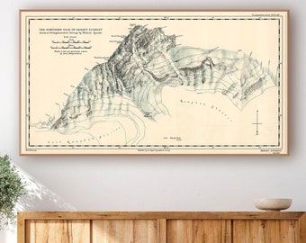 The Northern Face of Mount Everest based on Photogrammetric Surveys, Everest wall map decor gift.