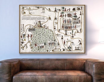 Route aztèque vers Mexico, carte de l'ancienne ville de Mexico - Empire aztèque, impression d'art aztèque, décor aztèque, impression d'art du Mexique, carte historique.