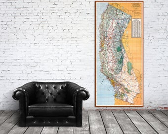 Vintage map of California, State Highway Map, California wall art, oversized California print.