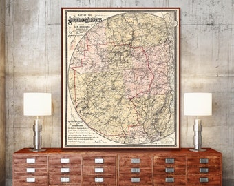 Adirondack Mountains map, antique Adirondack Wilderness print, Adirondack Park decor gifts.