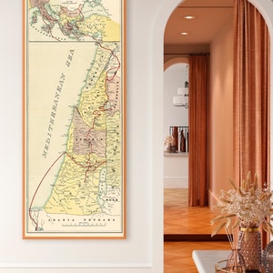 Kaart van het Heilige Land met rode lijn die de reizen van Chist en de Apostelen, Israël, Jordanië, Libanon, Midden-Oosten, Palestina, Syrië weergeeft.