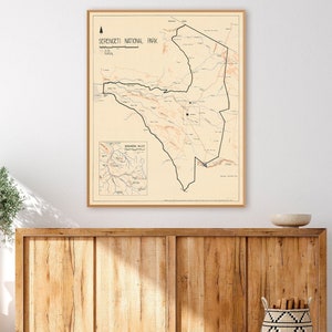 Parco nazionale del Serengeti nella Tanzania settentrionale, iconica area protetta, riserva naturale, fiume Mara, mappa murale decorativa dell'Africa.