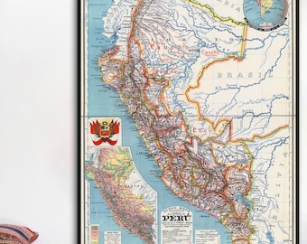 Mapa vintage do Peru impresso: Arte de parede peruana de 1916
