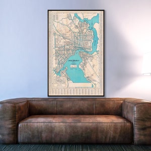 Vintage kaart van Jacksonville FL, historische print Jacksonville Florida, grote kaart wanddecoratie.