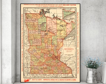 Vintage map of Minnesota, old Minnesota print, Minnesota wall art, Minnesota state map, Minnesota gifts.