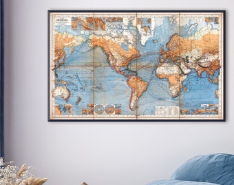 World Map Wall Art, Historic Blue World Map Print, Cartographic art, Mercator's projection, World Map Wall Decor, Cartography gift.