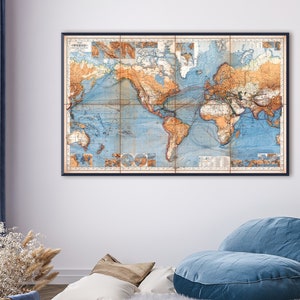 Carte du monde de 1871 - Projection Mercator de Hermann Berghaus | carte vintage du monde | Ancienne impression d'atlas | Grande décoration murale