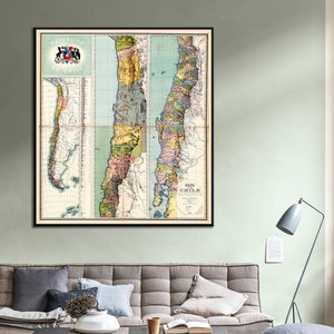 Mappa scolastica d'epoca del Cile, vecchia stampa del Cile, grande mappa murale del Cile, arte murale storica del Cile, regali sul Cile, stampa artistica del Cile.