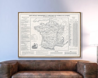 Vignobles de France, ancienne carte des vins de France, idée cadeau vins de France, carte des vins de France, décoration murale des vins de France, impression de carte des vins ancienne.