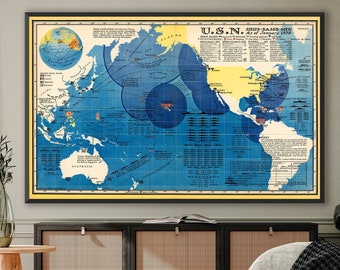 Vintage map of the oceans around the globe with the deployments of the U.S. Navy's ships, men, planes three years before the start of WW2.