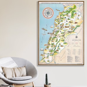 Vintage Libanon kaart | Picturale afbeelding afdrukken | Reisdecor uit het midden van de eeuw