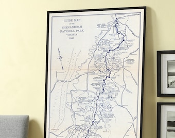 Guide map of the Shenandoah National Park, Virginia trails, vintage Shenandoah National Park map print, Shenandoah trail map, tracking map.