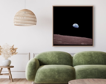 Earthrise Nasa print, famous photograph of the Earth and parts of the Moon&#39;s surface during the Apollo 8 mission, iconic Earth image.