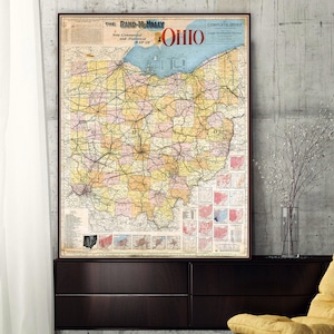 carte vintage de l'Ohio, vieil art mural de l'État de l'Ohio, impression de l'Ohio, cadeaux de l'Ohio.