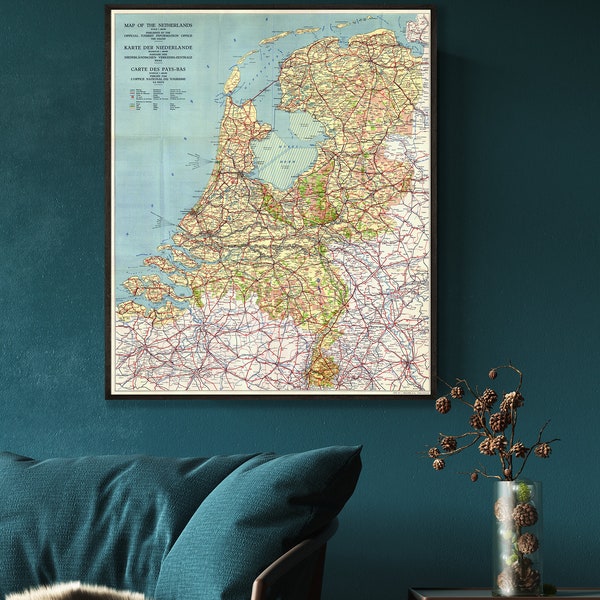 Map of the Netherlands = Karte der Niederlande = Carte des Pays-Bas, vintage Netherlands decor gift.