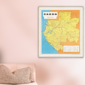 carte vintage du Gabon, estampe ancienne du Gabon, art mural du Gabon, cadeaux du Gabon.