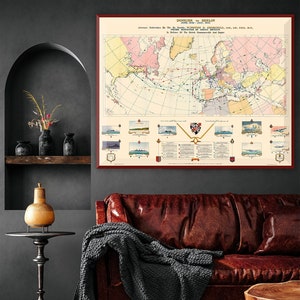 Voyages de Winston Churchill en tant que Premier ministre, décor de carte de la seconde guerre mondiale, cadeau pour les passionnés d'histoire de la seconde guerre mondiale, affiche de carte de la seconde guerre mondiale, grand art mural de la seconde guerre mondiale.