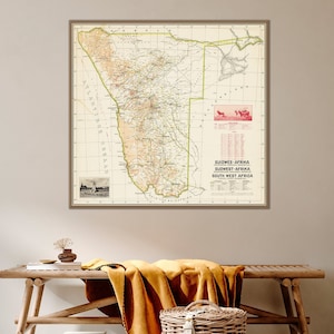 Carte de la Namibie vintage, Afrique du Sud-Ouest, décoration murale de la Namibie, impression de la Namibie, grande carte de la Namibie.