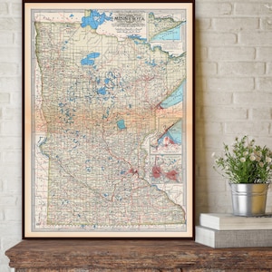 carte vintage du Minnesota, décor de l'ancien État du Minnesota, grande impression d'art cadeau du Minnesota.