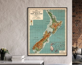 Vintage New Zealand map, physical and political map print, New Zealand decor gift.