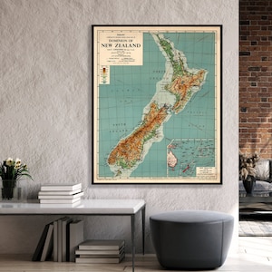 Vintage New Zealand map, physical and political map print, New Zealand decor gift.