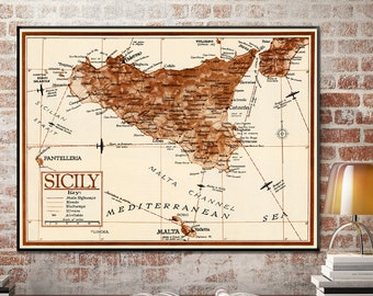 Vintage map of Sicily, old Sicily print, historic Sicily wall art gifts.