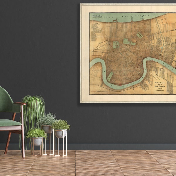 Vintage map of New Orleans,  New Orleans wall art, New Orleans print, Louisiana gifts, large map home decor.